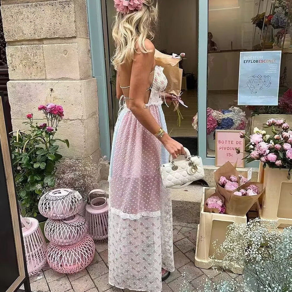 Robe longue dos nu en dentelle à petites fleurs style bohème pour femme