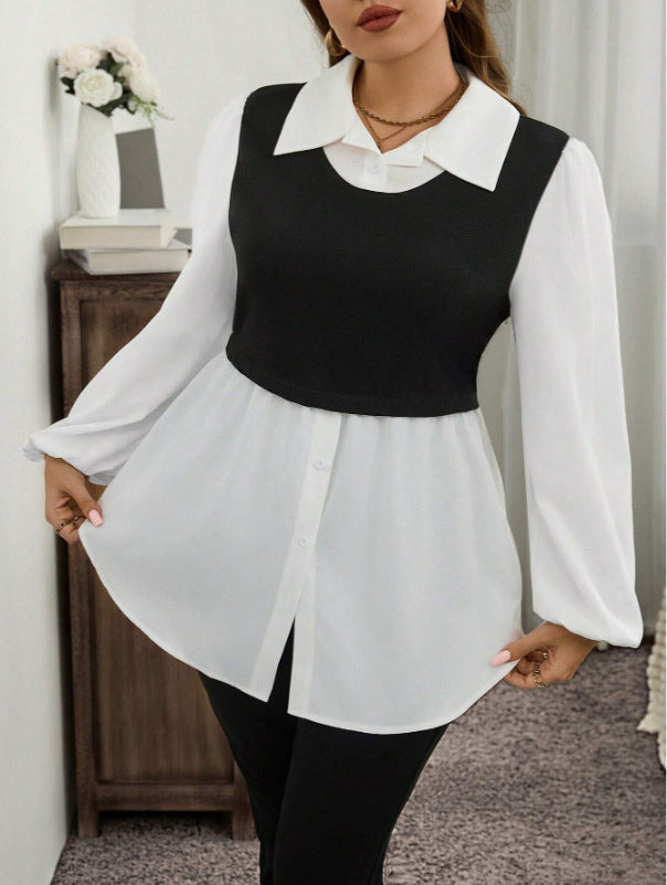 Women Fashion Plus Size Contrast Color Blouse