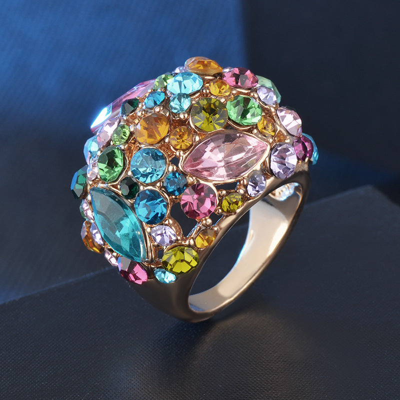 Bague en forme de U en zircon coloré exagéré pour femme, dorée