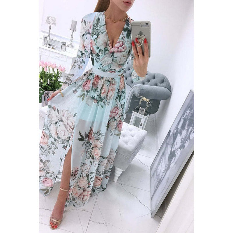 Vestido largo informal de verano para mujer, de gasa, bohemio, con estampado floral, cuello en V y manga larga