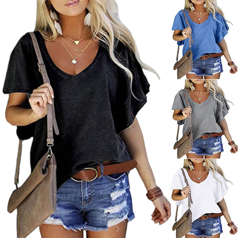 T-shirt basique à manches courtes et col en V pour femme, couleur unie, à volants