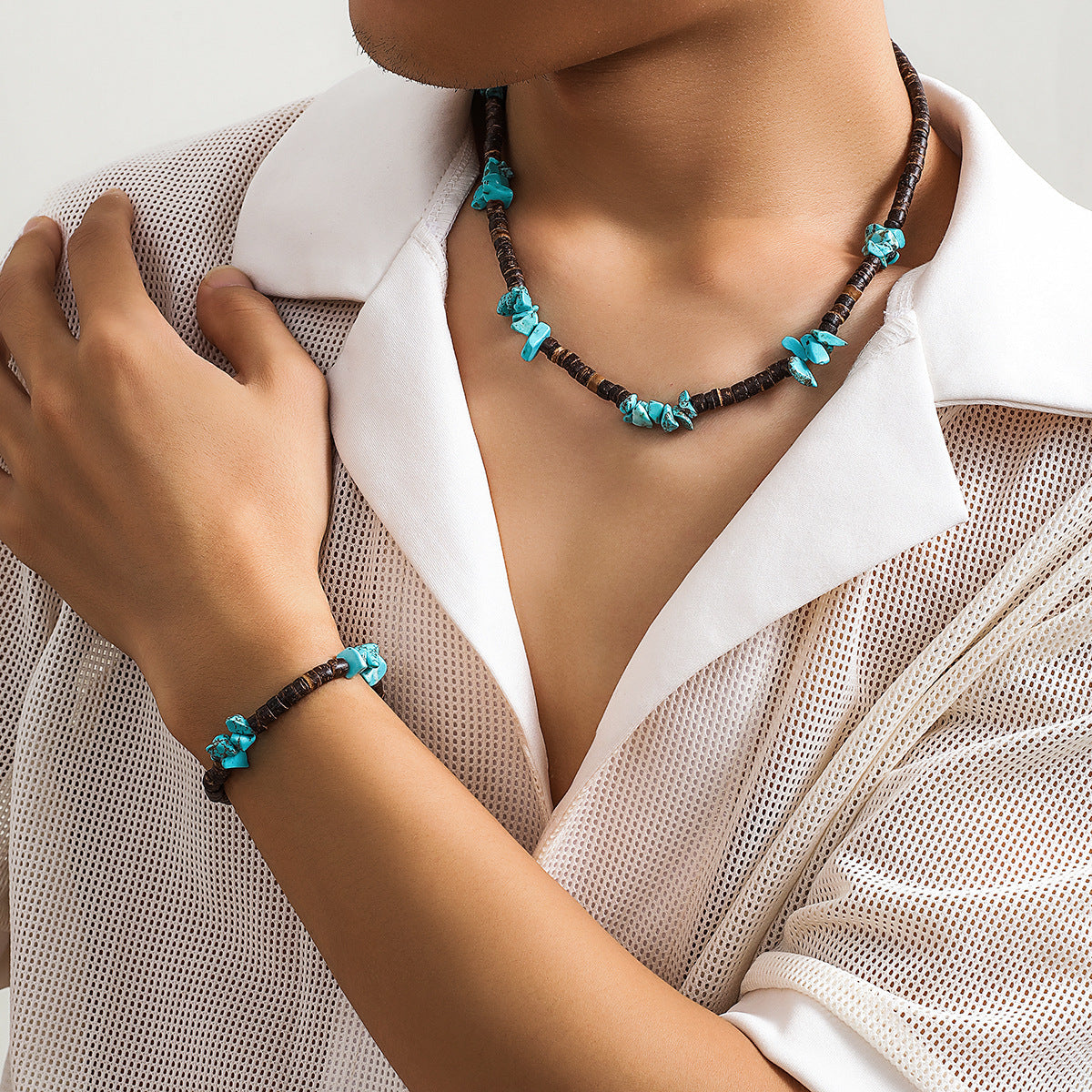 Pulsera y collar turquesa bohemio informal de moda para hombre