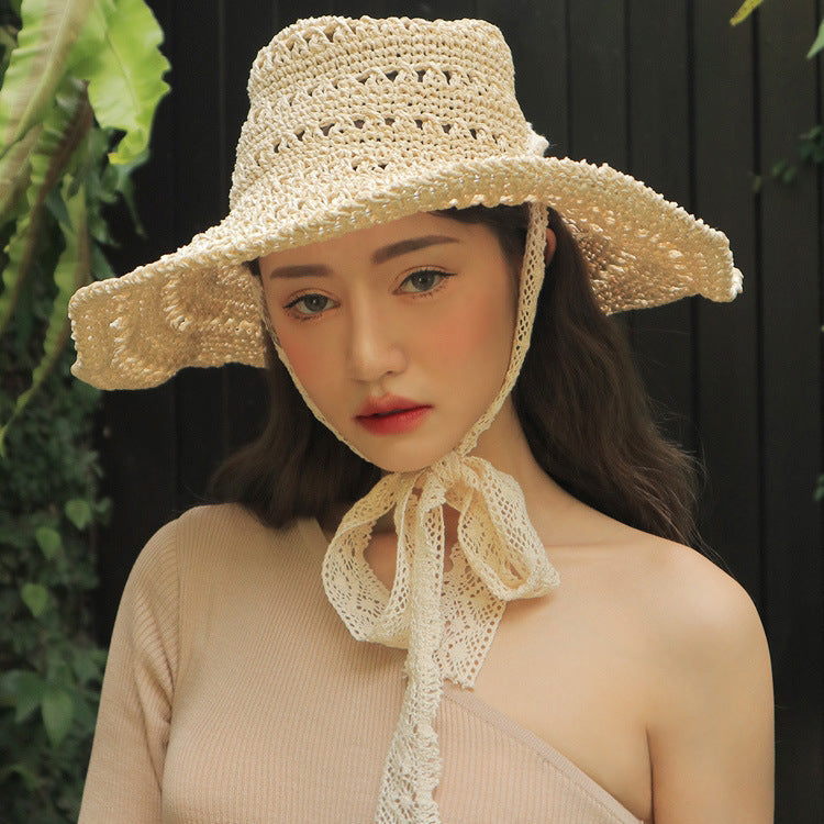 Chapeau de protection solaire en paille tissée à lanières en dentelle pour femme