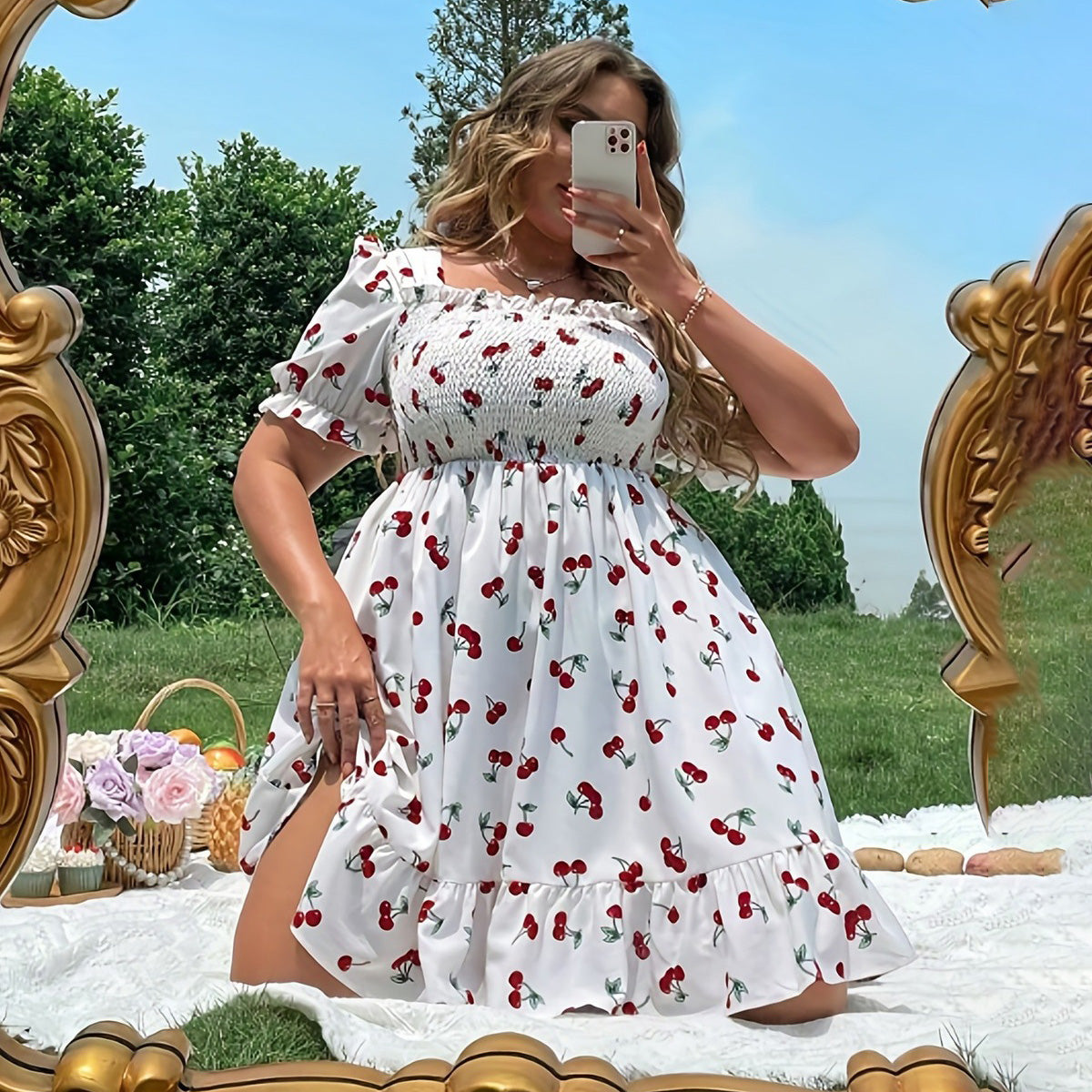 Women Casual Plus Size Cherry Print Bubble Sleeve Dress