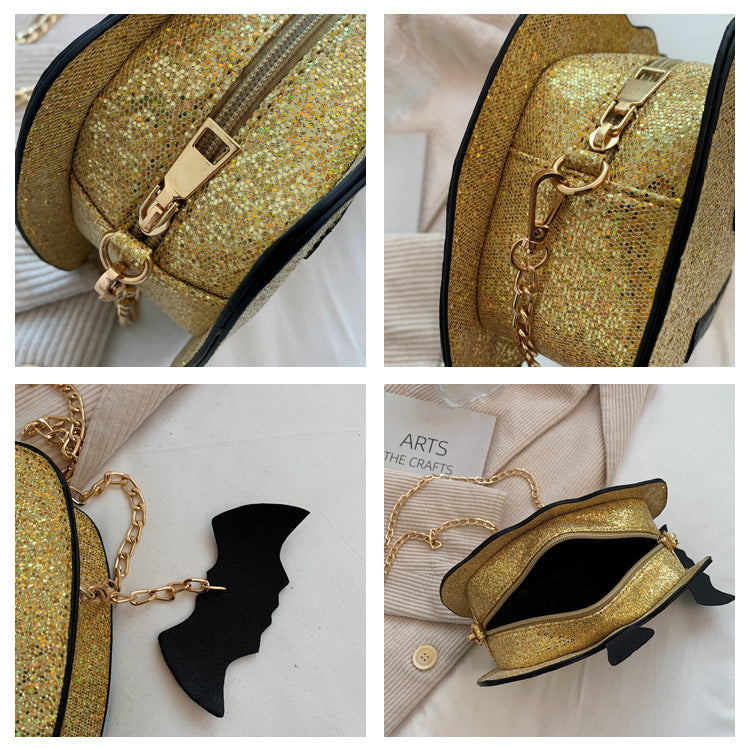 Bolso bandolera de un solo hombro con cadena y diseño de calabaza y lentejuelas de Halloween