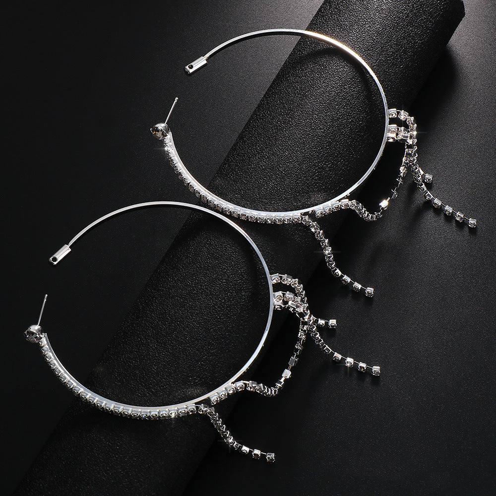 Women Fashion Simple Irregular Ring-Shaped Rhinestone Tassel Earrings