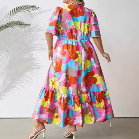 Vestido casual de talla grande con cuello en V y estampado para mujer