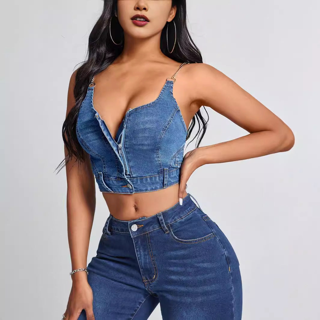 Women Fashion Deep V Backless Denim Camisole