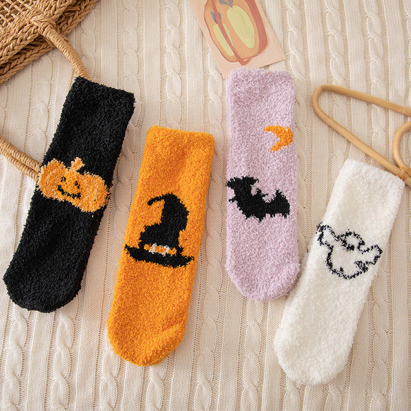 Calcetines unisex de Halloween con diseño de murciélago fantasma y forro polar coral