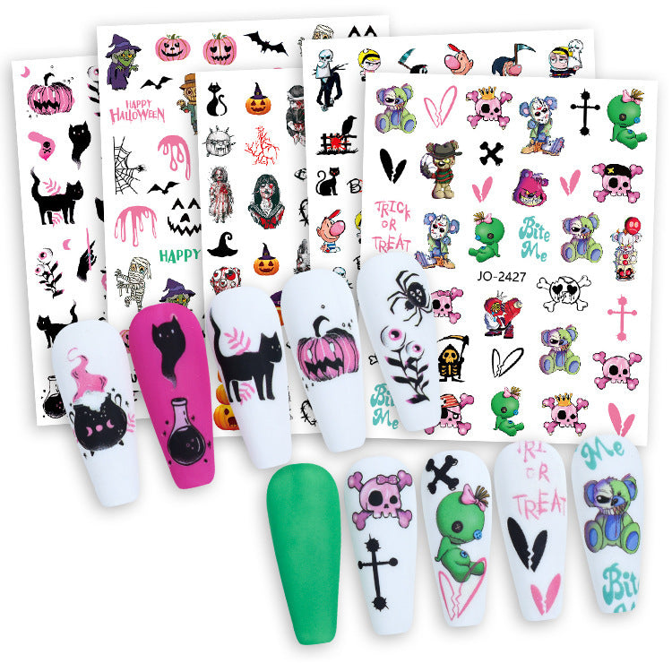 Autocollants pour ongles Halloween, motif crâne, citrouille, chat noir