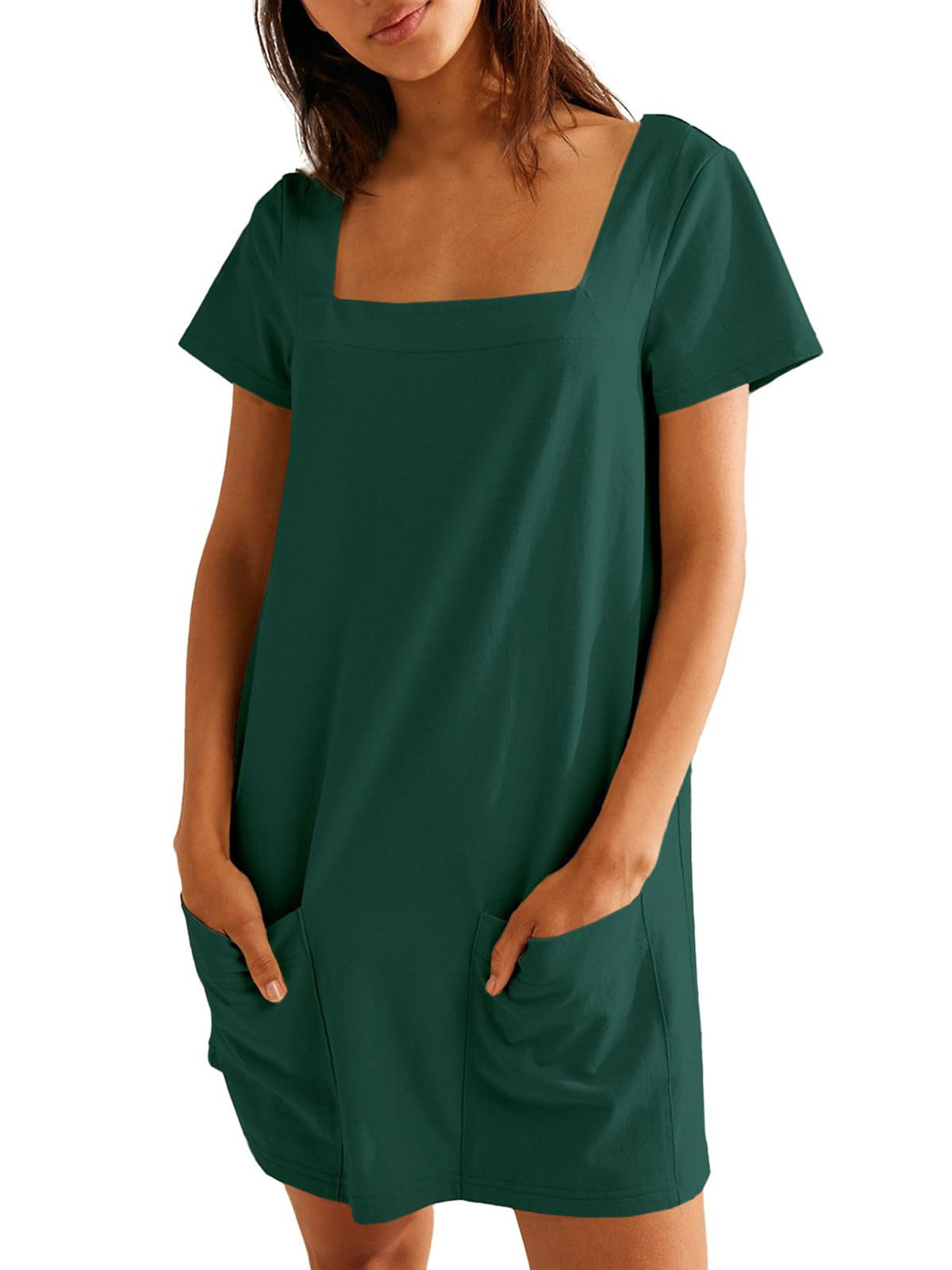 Women Fashion Casual Solid Color Square Neck Dress