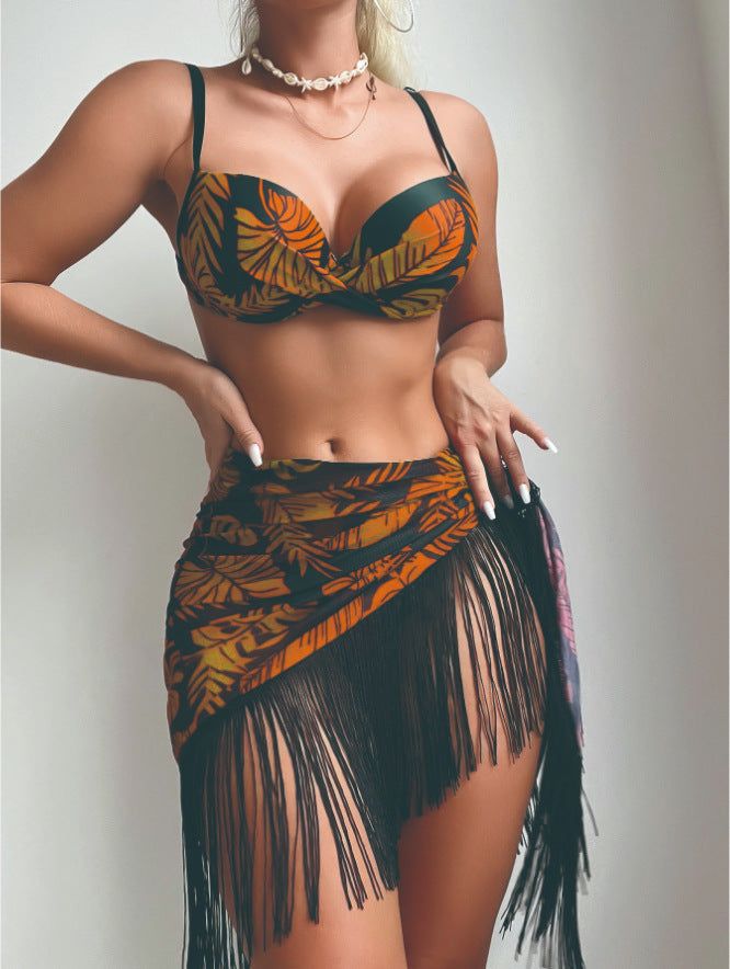 Traje de baño sexy con borlas para mujer, conjunto de tres piezas