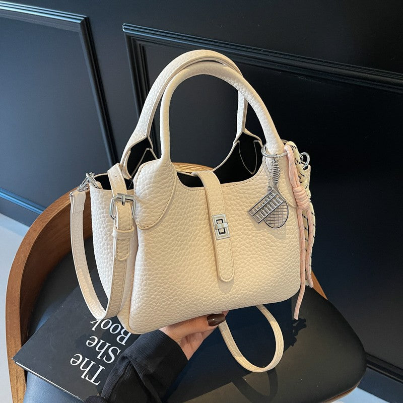 Sac à main seau décontracté de couleur unie pour femme avec motif litchi