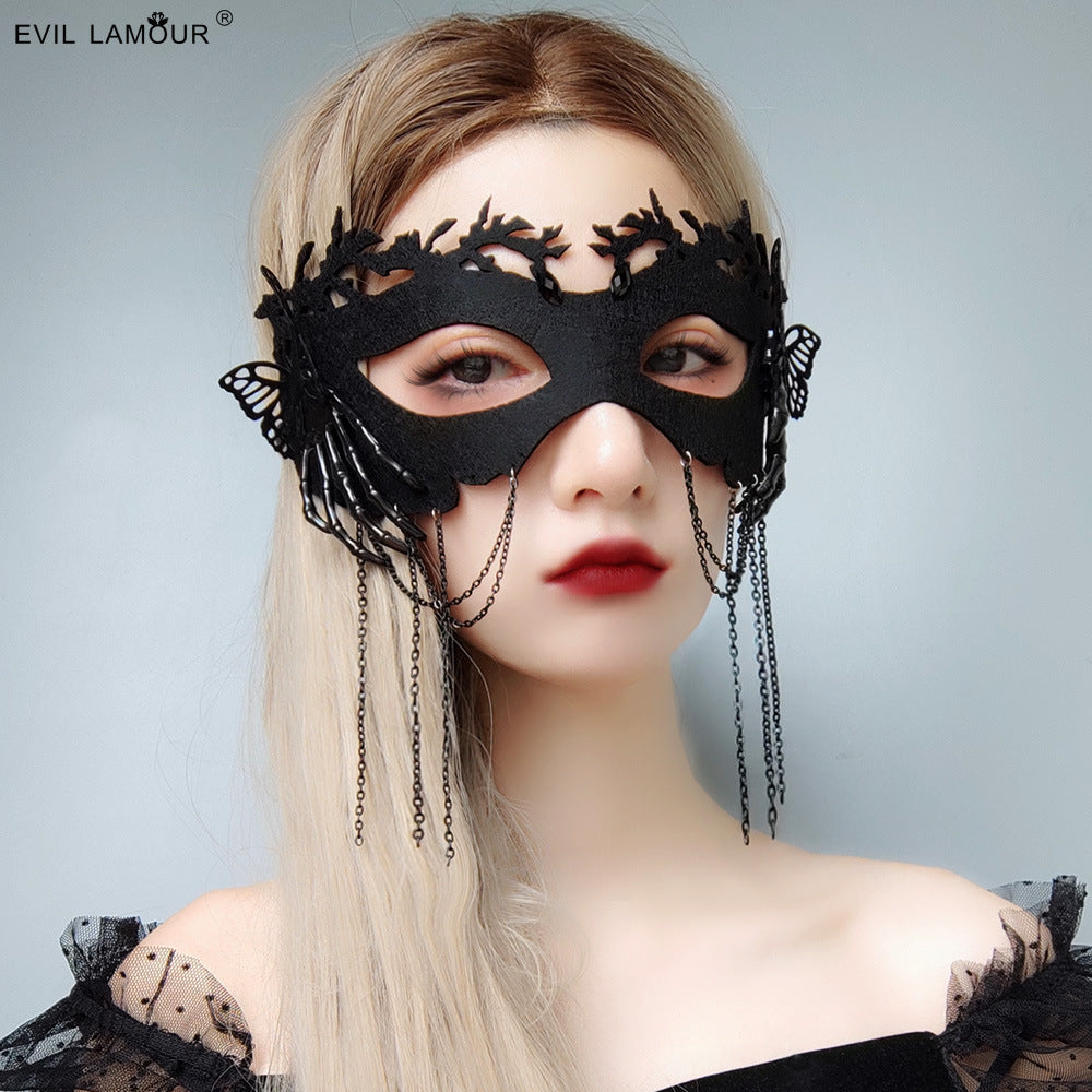 Masque de fête gothique Halloween à pompons, papillon et crâne