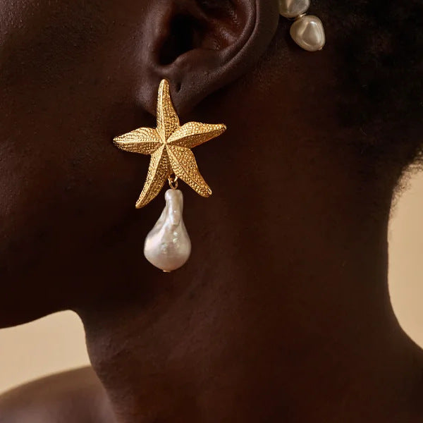 Women Fashion Casual Alloy Starfish Pearl Pendant Earrings