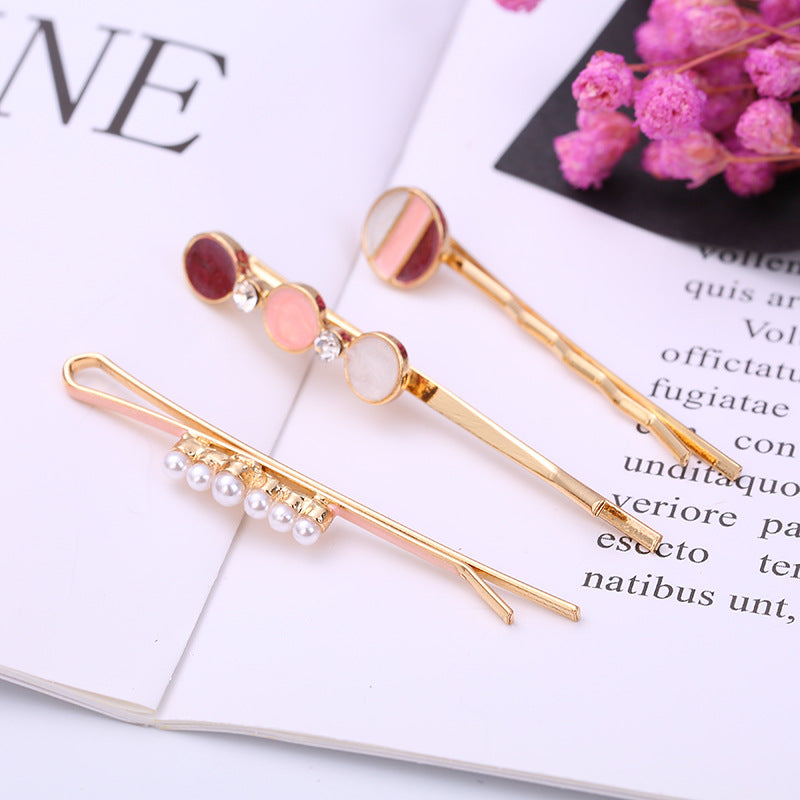Women Fashion Round Multicolor Beads Rhinestone Hairpin Set