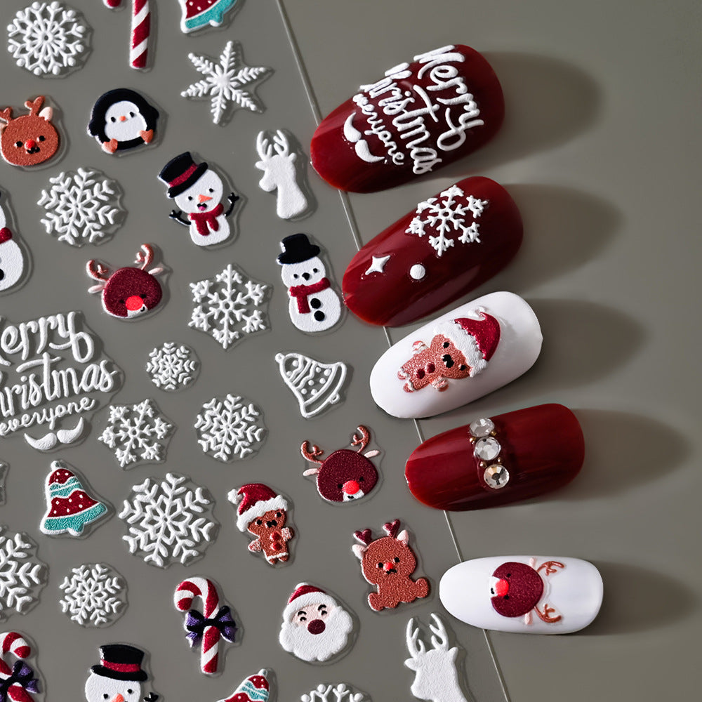 Pegatinas para uñas con relieve navideño de Papá Noel, muñeco de nieve y copos de nieve