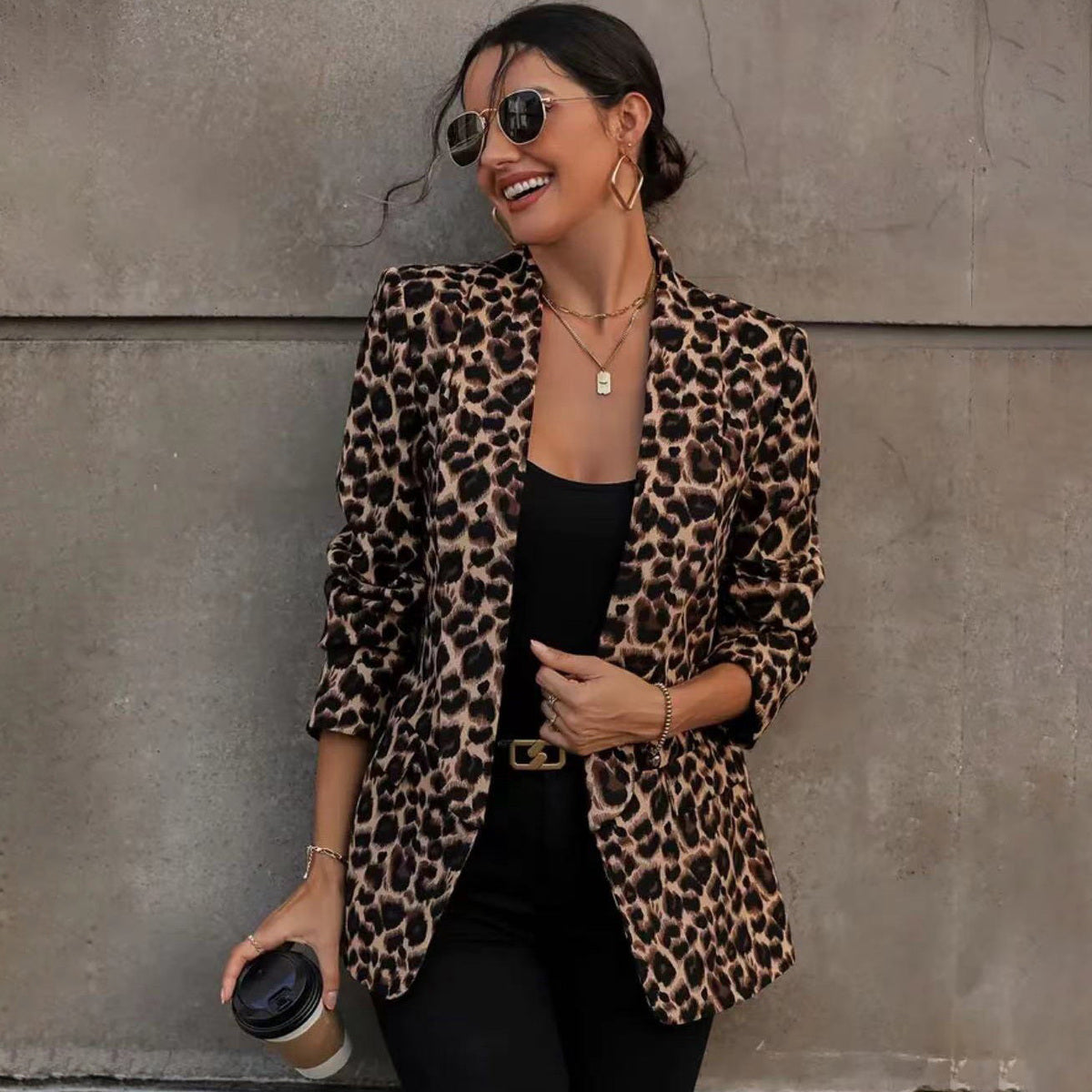 Manteau décontracté à manches longues en laine léopard pour femme