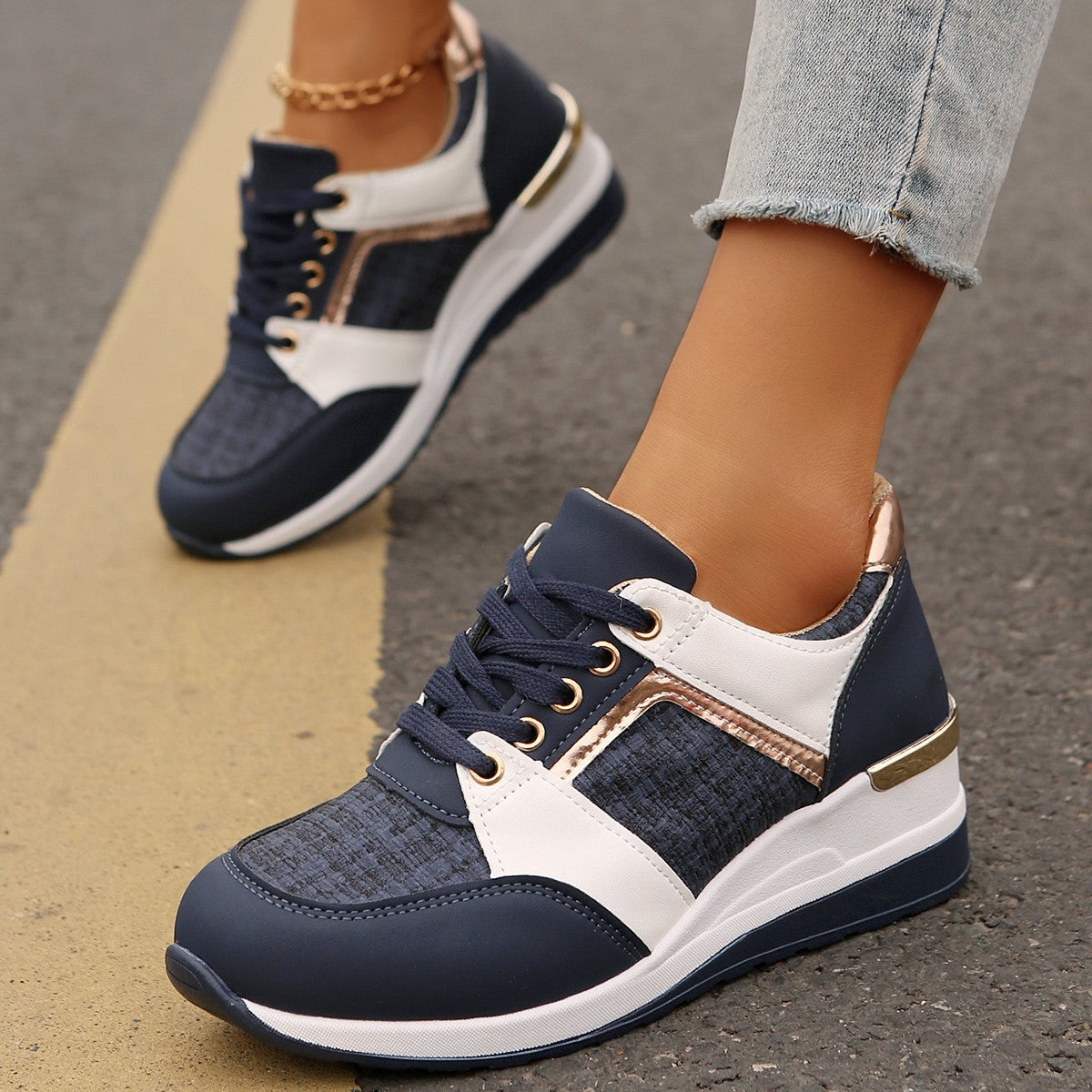 Women Fashion Casual Color Block Platform Sneakers