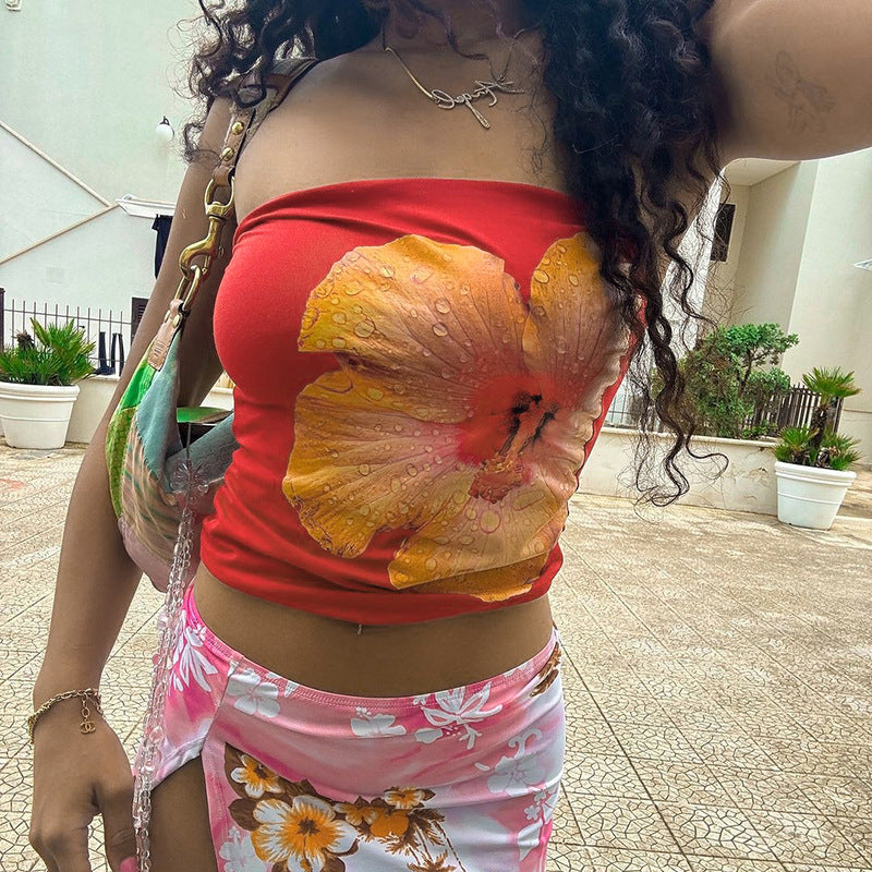 Women Fashion Sexy Floral Print Tub Crop Top Polyester Spandex Street Style
