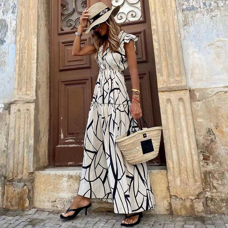 Robe longue décontractée à volants et col en V pour femme, imprimé géométrique