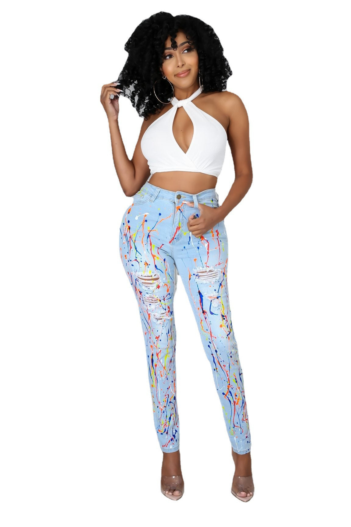 Vaqueros de algodón rasgados con estampado multicolor informal para mujer