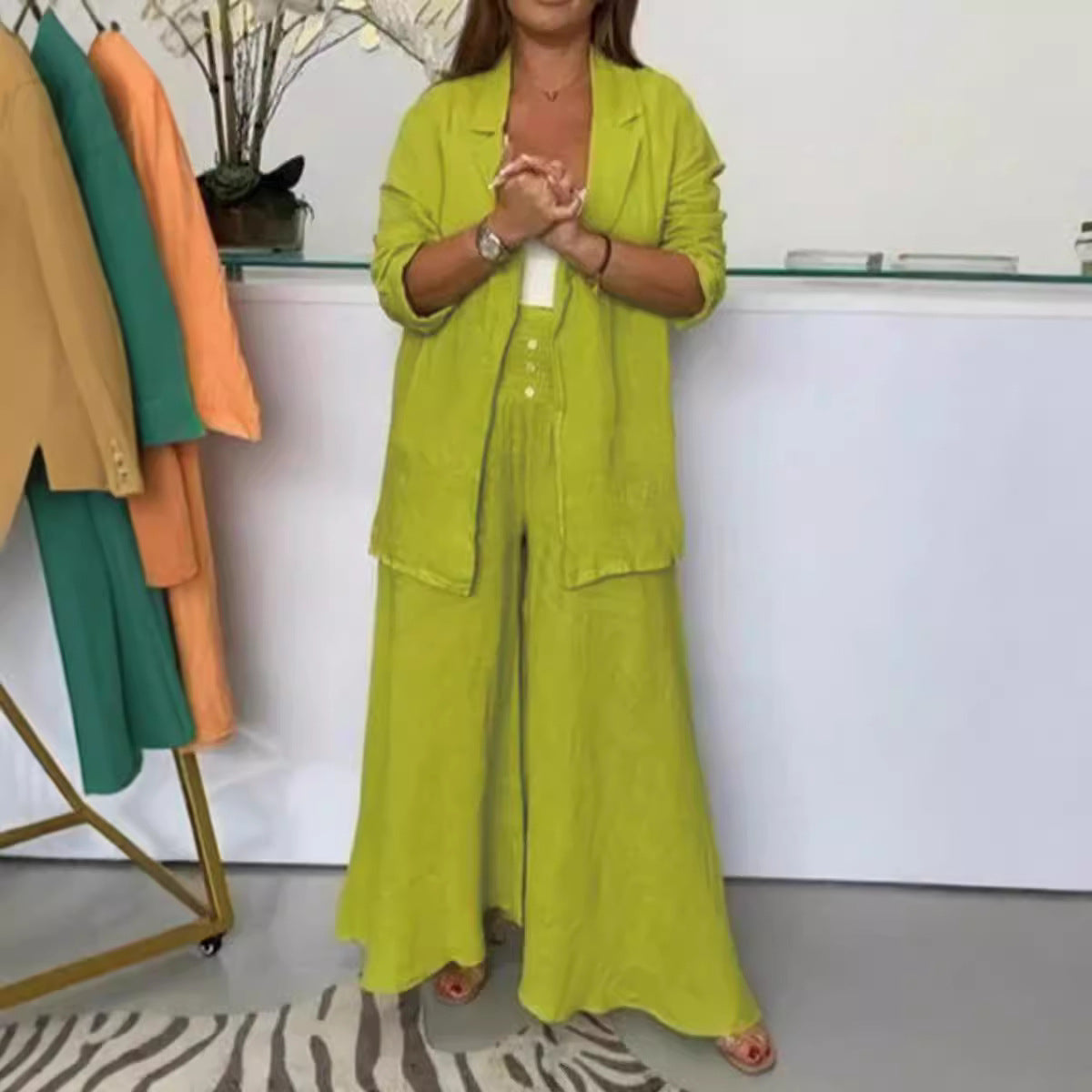 Fashion Cotton And Linen Lapel Cardigan Set