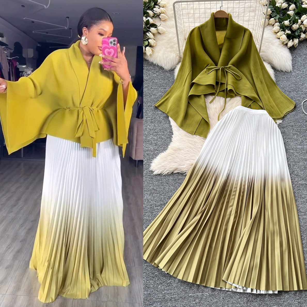 Women Gradient Color Lace-Up Blouse Pleated Skirt Set