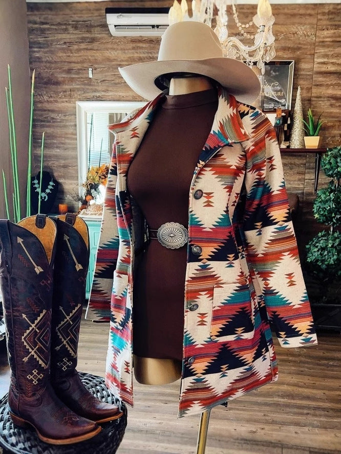 Manteau décontracté à manches longues et revers imprimé western pour femme