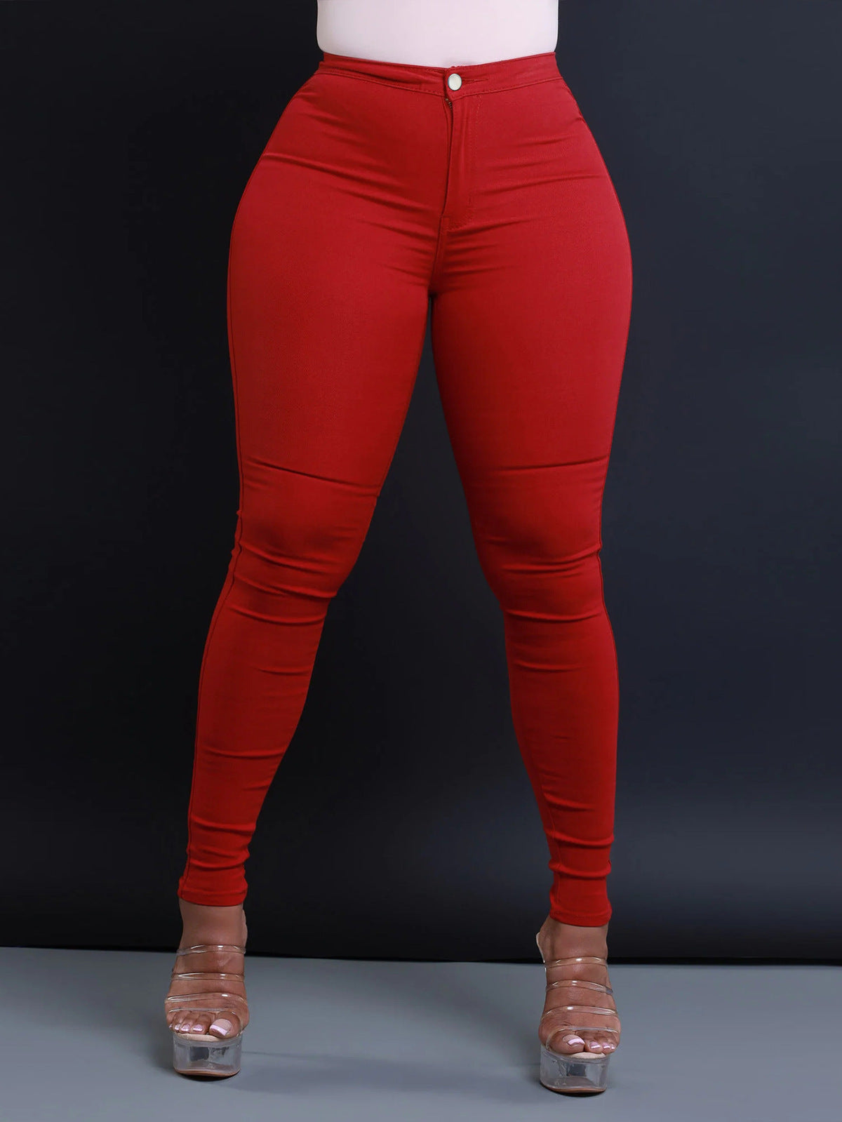 Women Fashion Solid Color Mid-Waist Tight Jeans