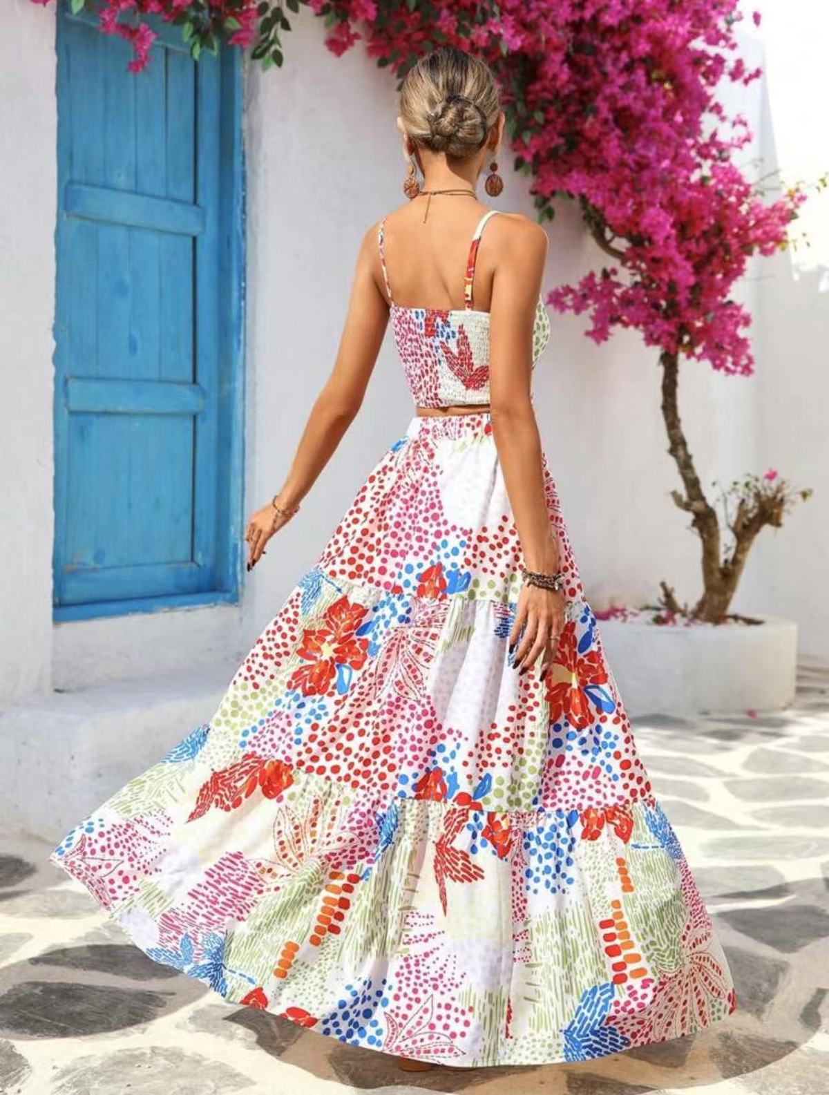 Women Fashion Sexy Printed Camisole and Loose Skirt Two-Piece Set