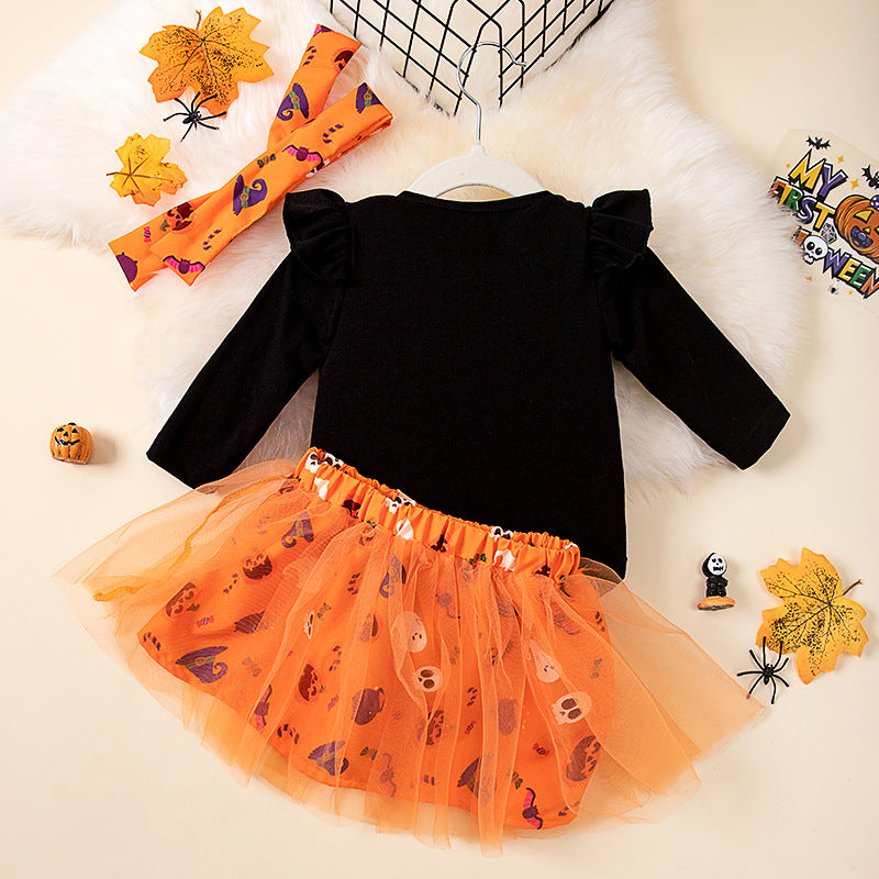 Conjunto de mono y falda con calabaza y alfabeto de Halloween para niñas pequeñas