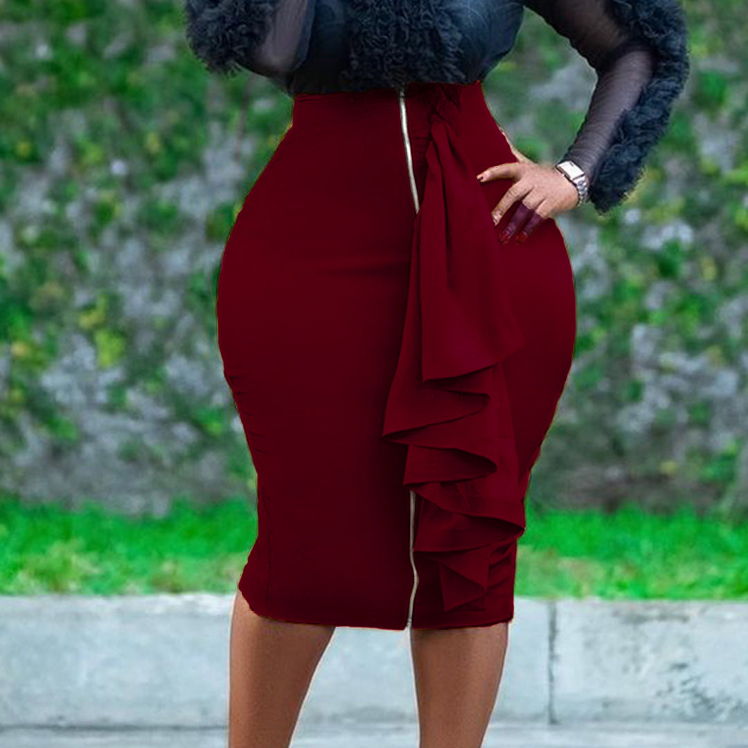 Women Fashion Sexy Solid Color Plus Size Zipper Skirt