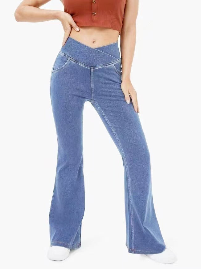 Women Fashion Casual Solid Color High Waist Jeans