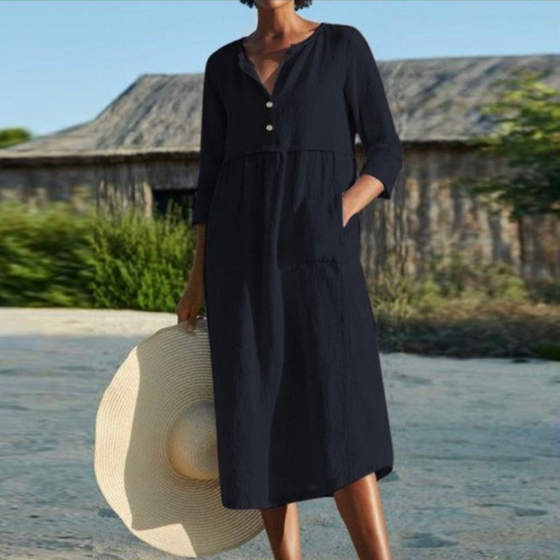 Robe d'été à col rond et poches boutonnées pour femme