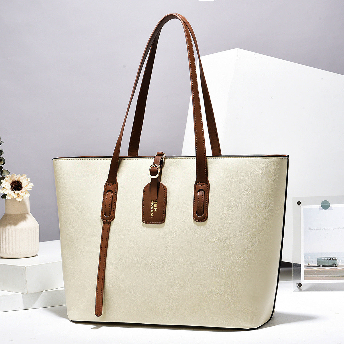 Women Color Blocking PU Leather Tote Bag