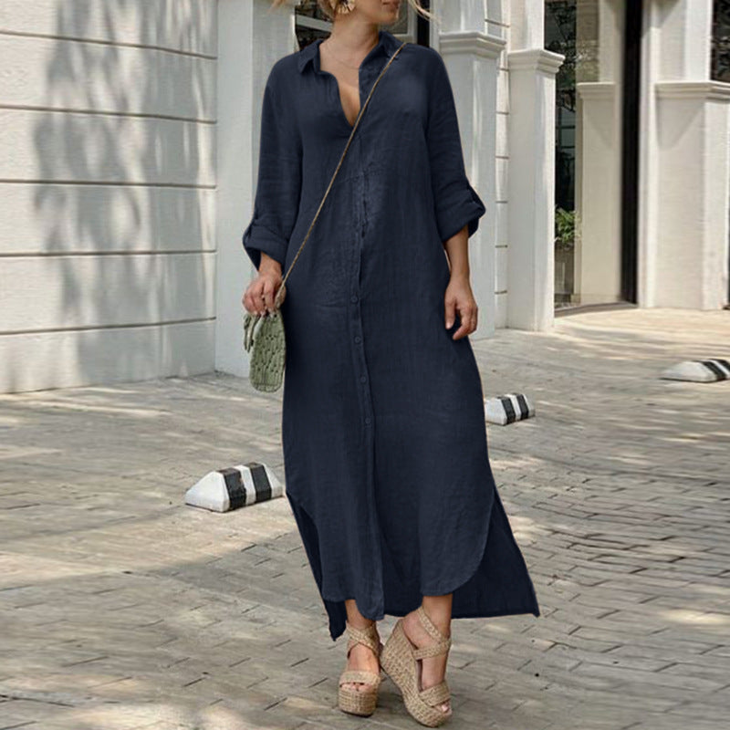 Vestido camisero largo informal de algodón y lino con solapa para mujer
