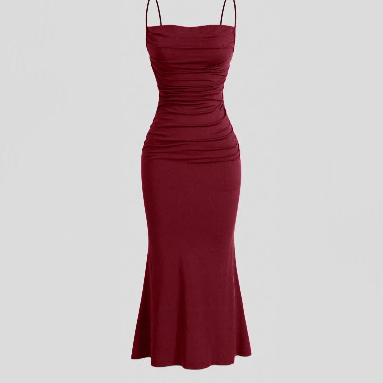 Vestido midi plisado con tirantes finos para mujer, de poliéster, color liso