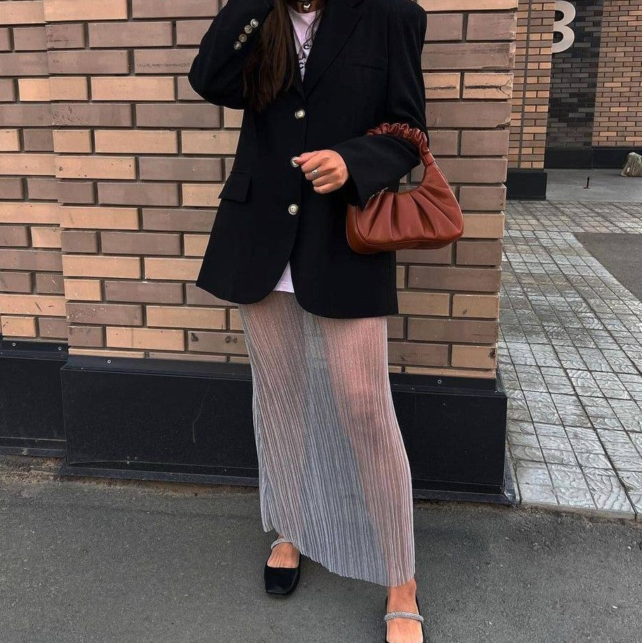 Wmen Fashion Sexy Solid Color Perspective Pleated Skirt