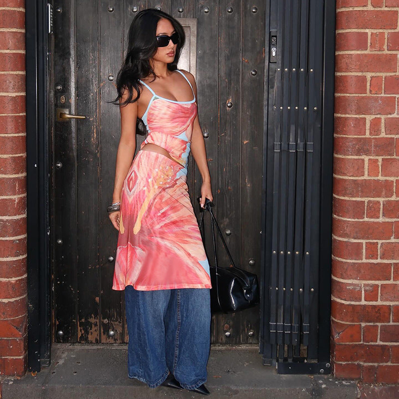 Women Floral Printed Sleeveless Two-Piece Skirt Set in Polyester and Spandex