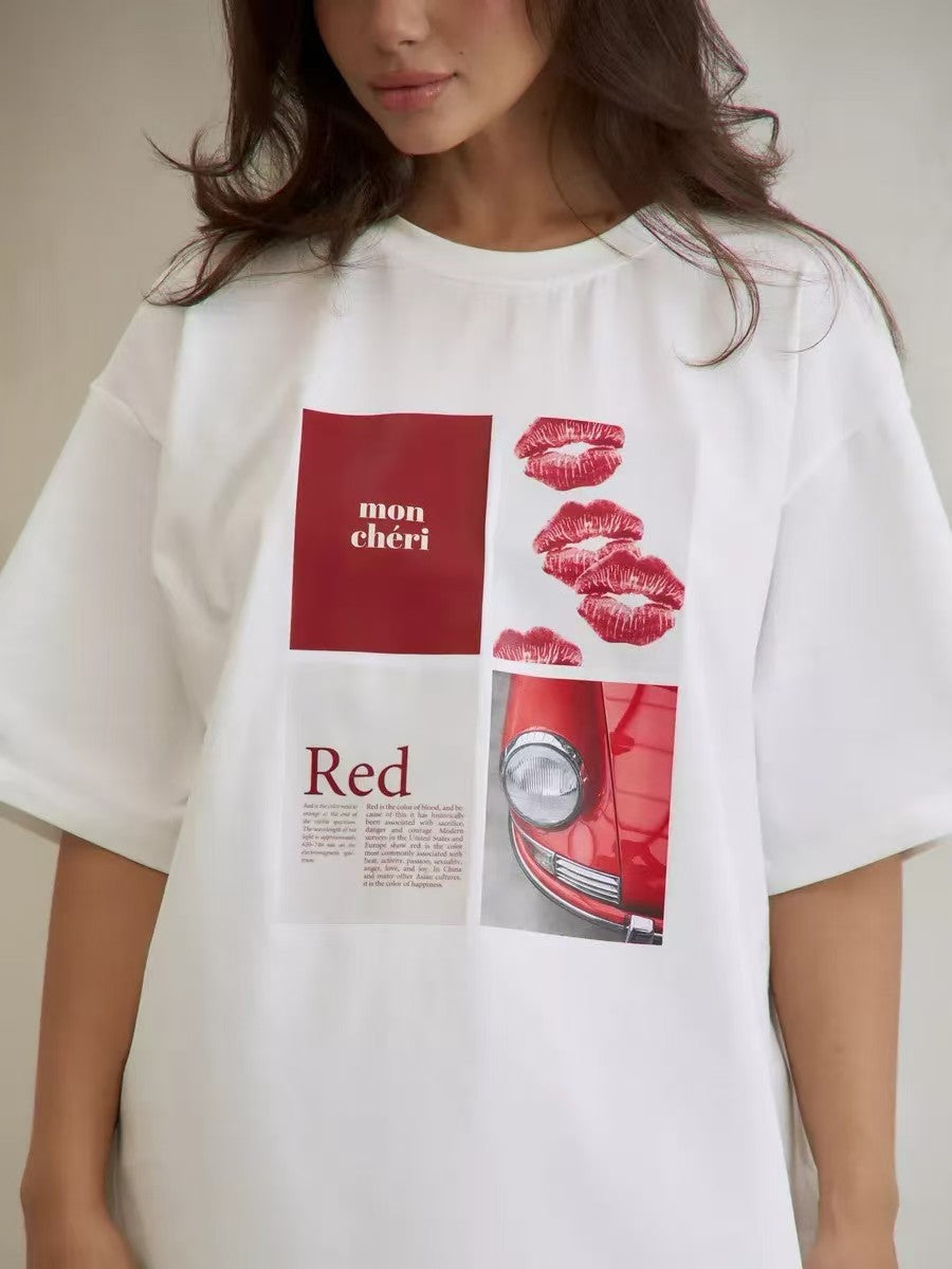 Camiseta informal de algodón con estampado de media manga para mujer