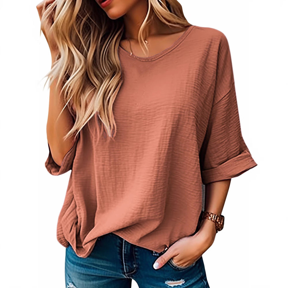 T-shirt décontracté à manches courtes en coton et lin pour femme, couleur unie
