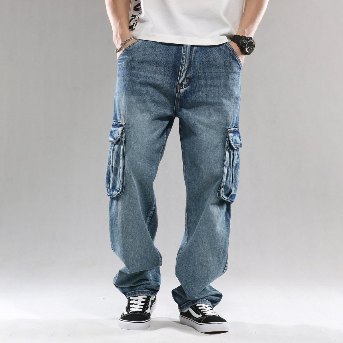 Vaqueros cargo holgados de pierna ancha con múltiples bolsillos a la moda para hombre