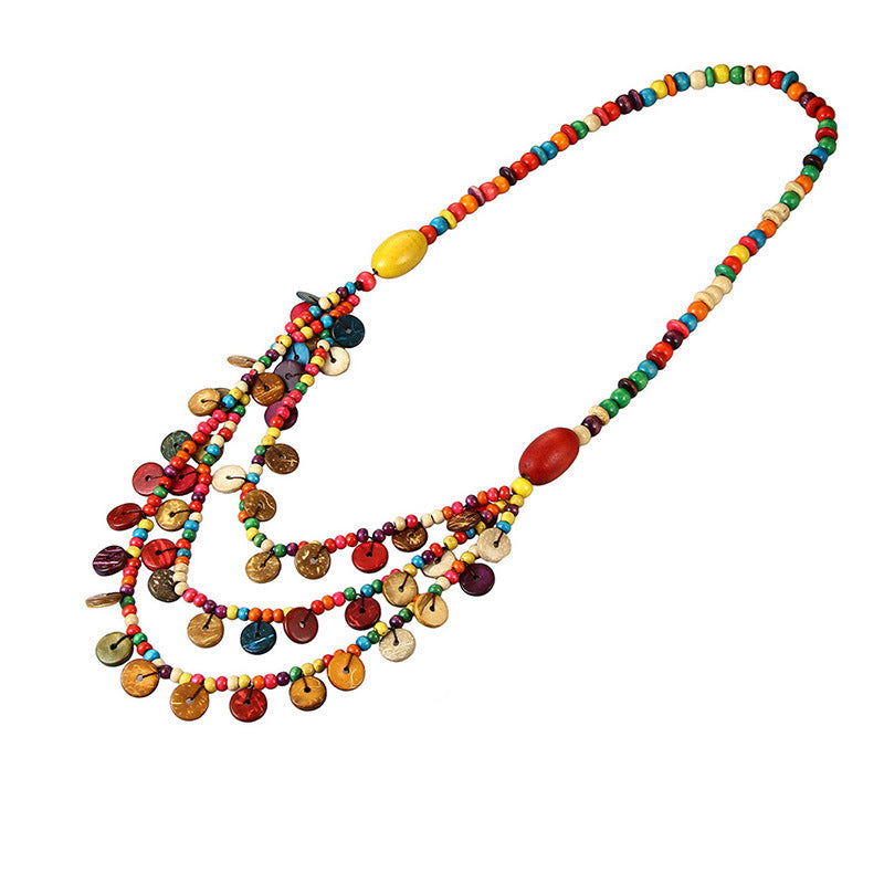 Collar de cuentas de madera multicapa estilo playa bohemia