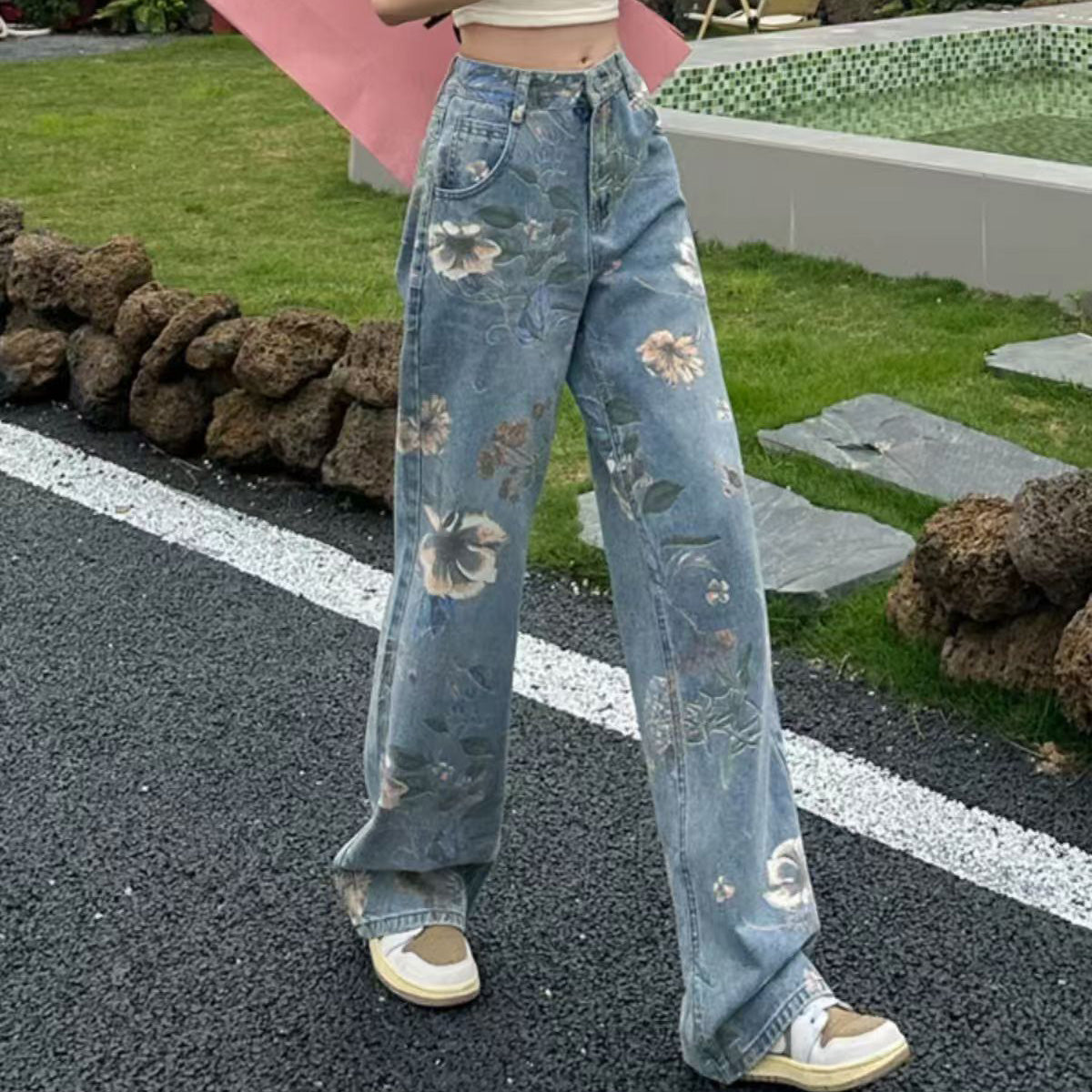 Women Retro Casual Floral Printed High Waist Wide Leg Jeans