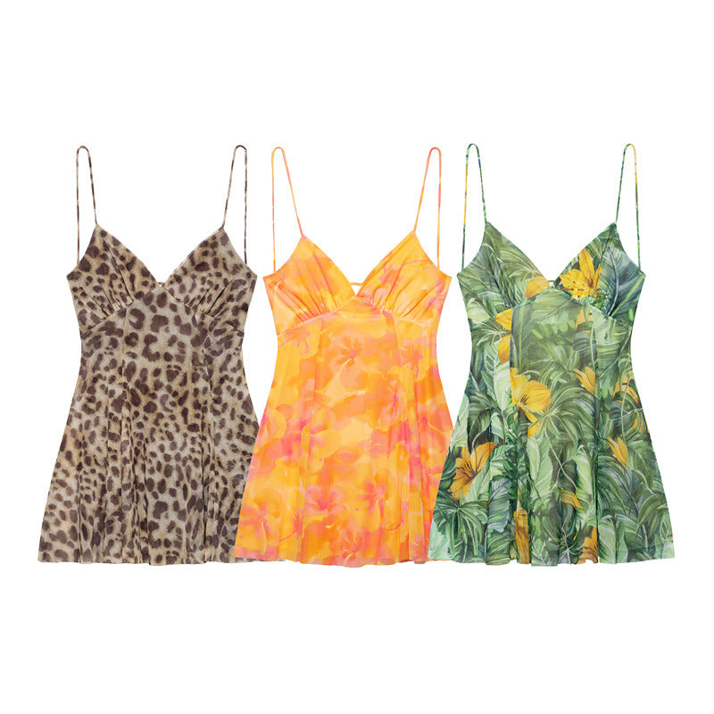 Summer Floral Leaf Leopard Polka Dot Sling Dress - Elegant Polyester Style
