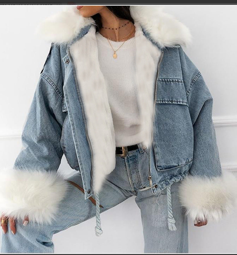 Chaqueta vaquera de invierno con cuello de peluche para mujer - Prenda exterior informal de manga larga