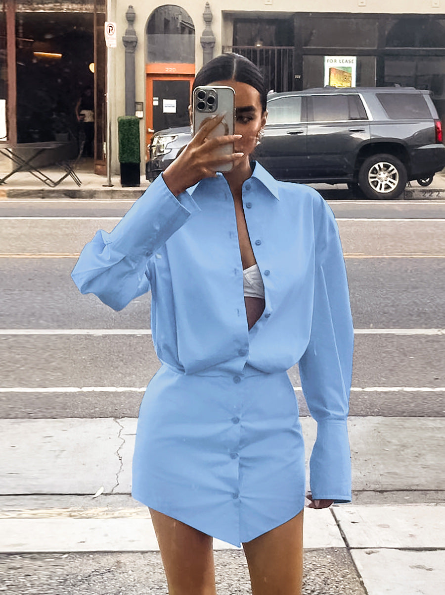 Vestido camisero elegante de manga larga con solapa suelta para mujer
