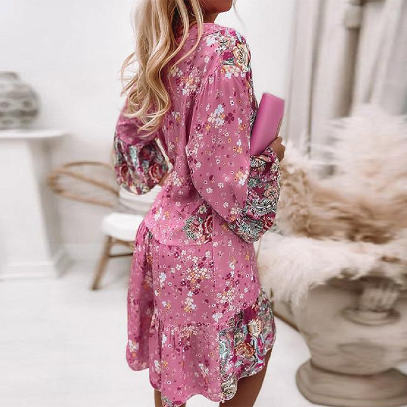 Bohemian Women Elegant Vintage V Neck Ruffled Long Flare Sleeves Mini Dress