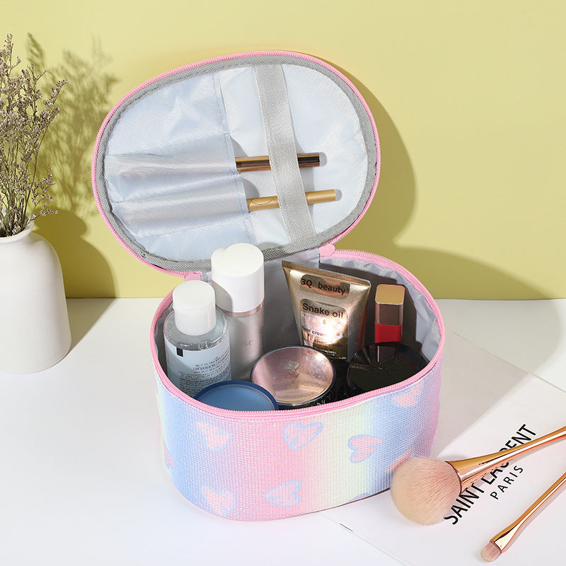 Bolsa de cosméticos con corazón arcoíris y degradado brillante